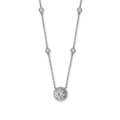 15"   2" Rhodium Plated 8mm Halo CZ and Bezel CZ Necklace