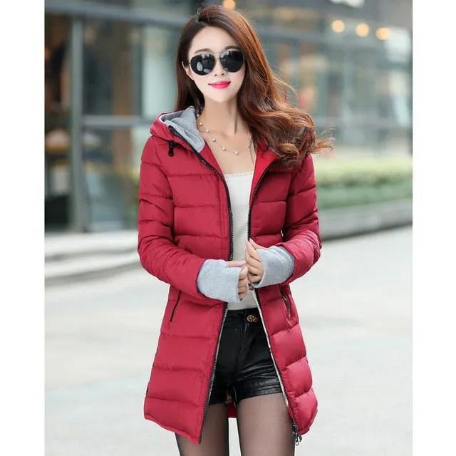 2018 women winter hooded warm coat plus size candy color cotton padded jacket female long parka womens wadded jaqueta feminina