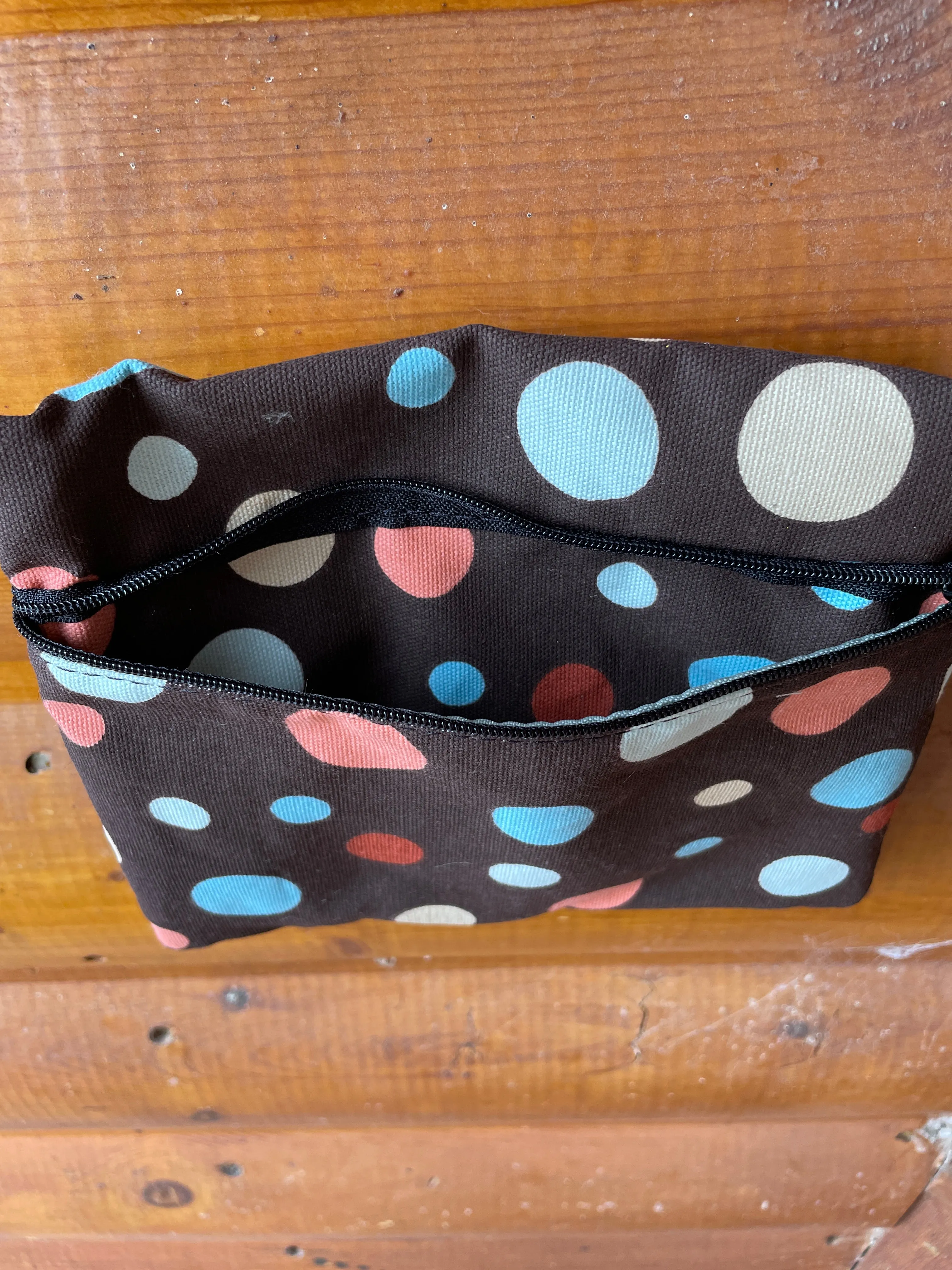 3 Zip Bag Brown- Polka Dot  Print Fabric