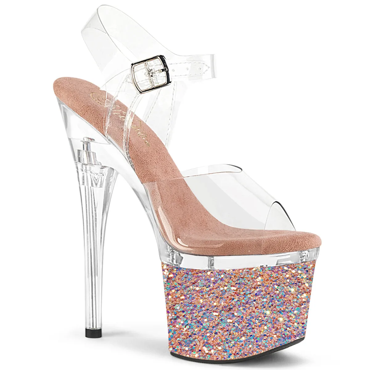 7 Inch Heel ESTEEM-708LG Clear Rose Gold Glitter