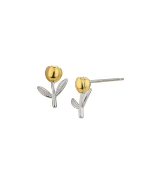 925 Sterling Silver Rhodium and Gold Plated Flower with Leaf Stud Earring for women