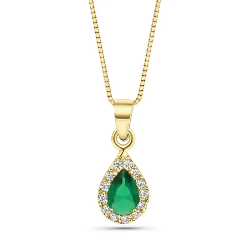 A drop-shaped halo pendant with a green zircon stone on a 14K gold Venetian chain.