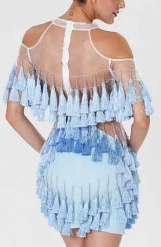 'Abigail' Fringe & Bead Embellished Dress-Light Blue