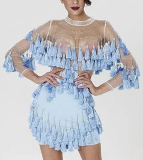 'Abigail' Fringe & Bead Embellished Dress-Light Blue