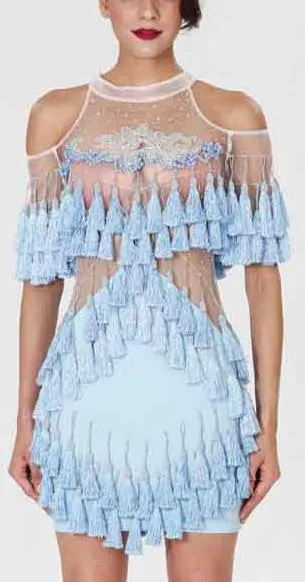 'Abigail' Fringe & Bead Embellished Dress-Light Blue