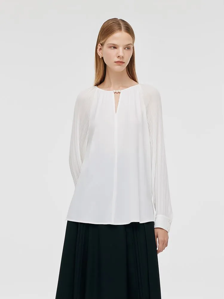 Acetate Pleated Sleeves Cut-Out Neck Women Blouse