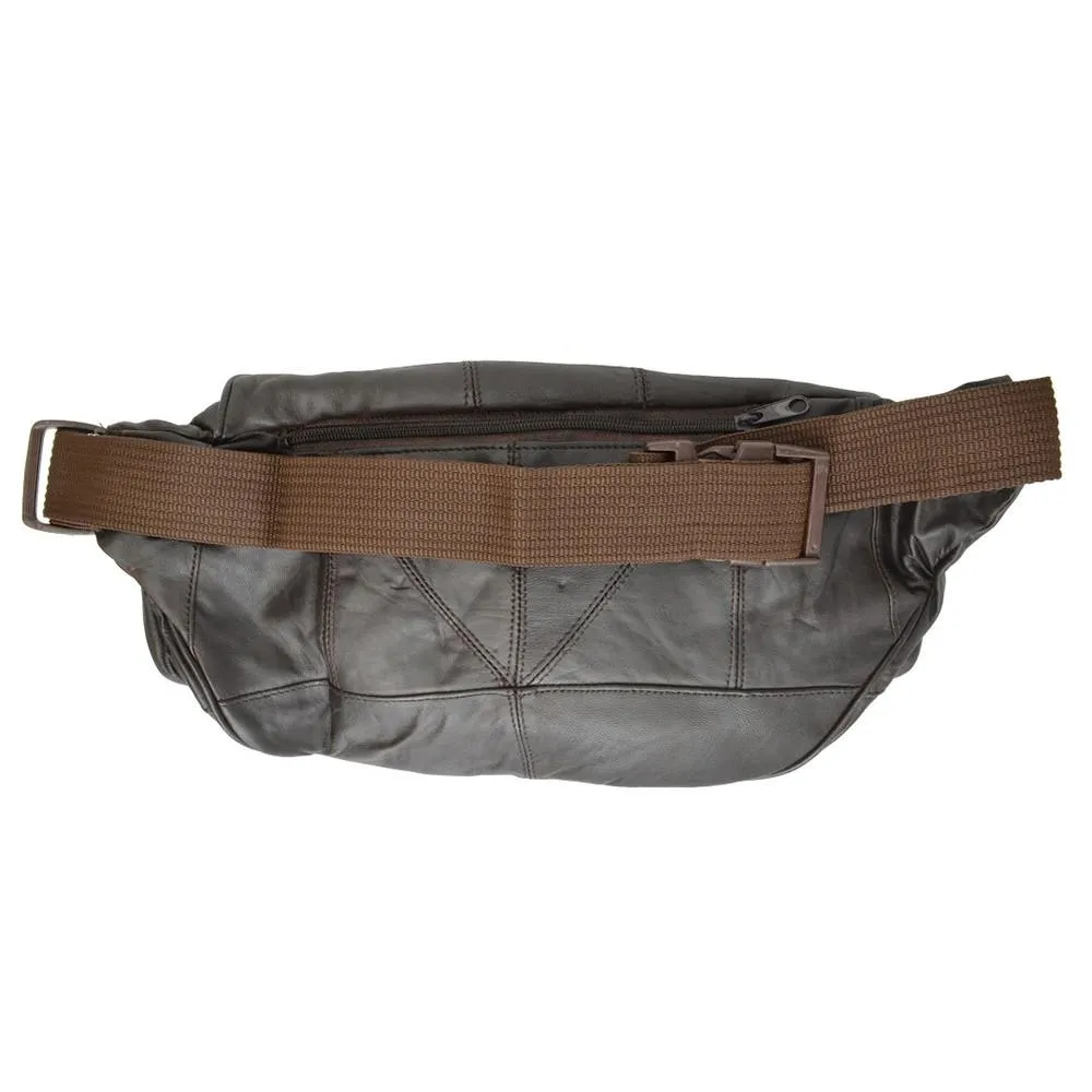 AFONiE Eight Pockets Genuine Jumbo Size Leather Fanny Pack - Brown