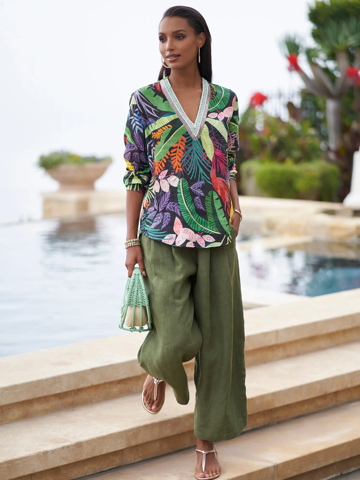 Aisha Jewel Jungle Print Linen Top