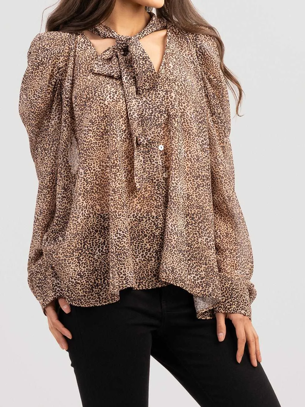 American Bling Women Leopard Shirred Shirt With Necktie