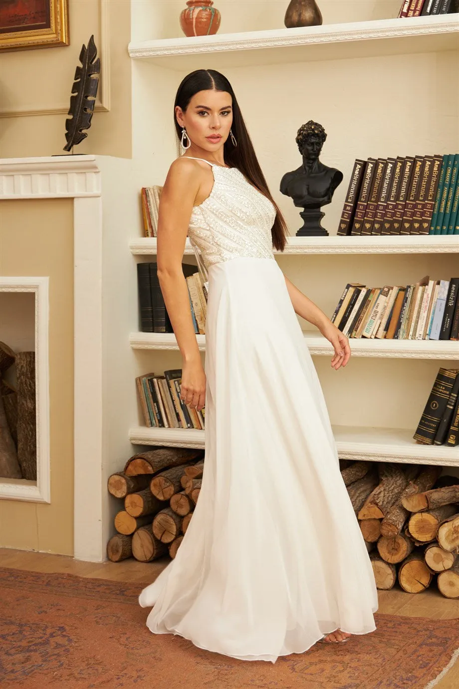 Angelino ecru chiffon stamp sequined long wedding dress