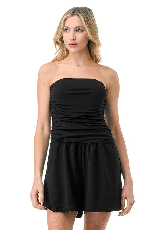 Ariella Ruched Romper w/ Pockets - Black