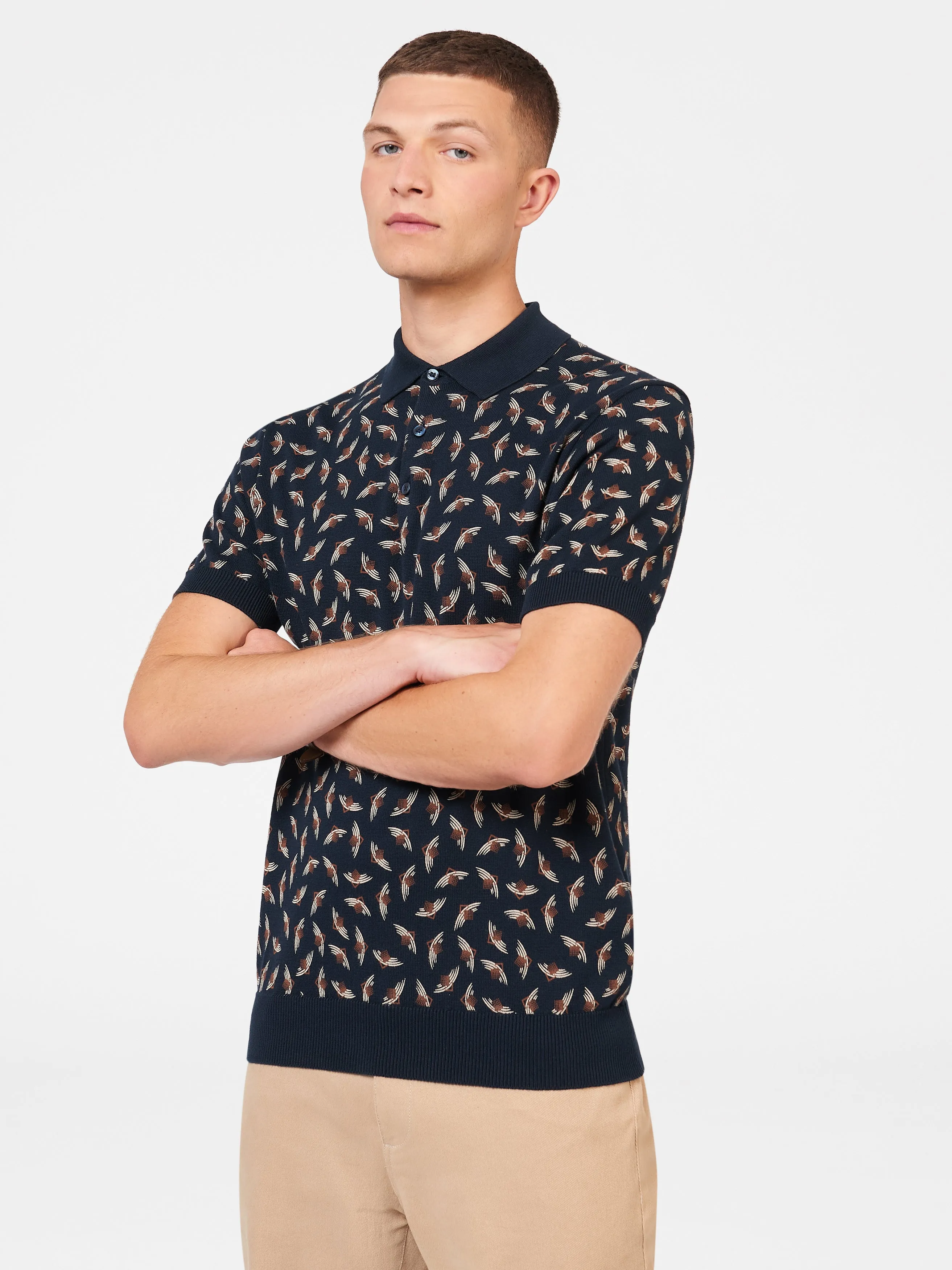 Art Deco Knit Polo - Dark Navy