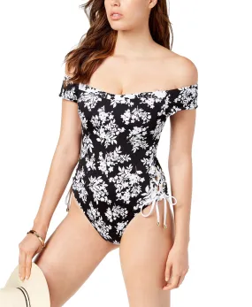 Bar III Women's Floral Off-The-Shoulder One-Piece Swimsuit, Black, S