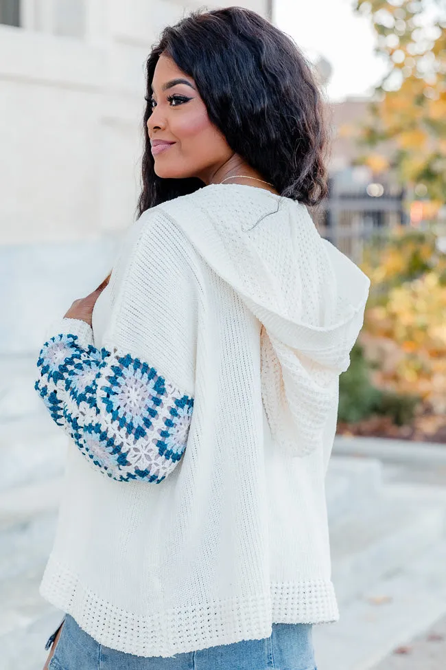 Be Better Ivory and Blue Crochet Sleeve Hooded Cardigan