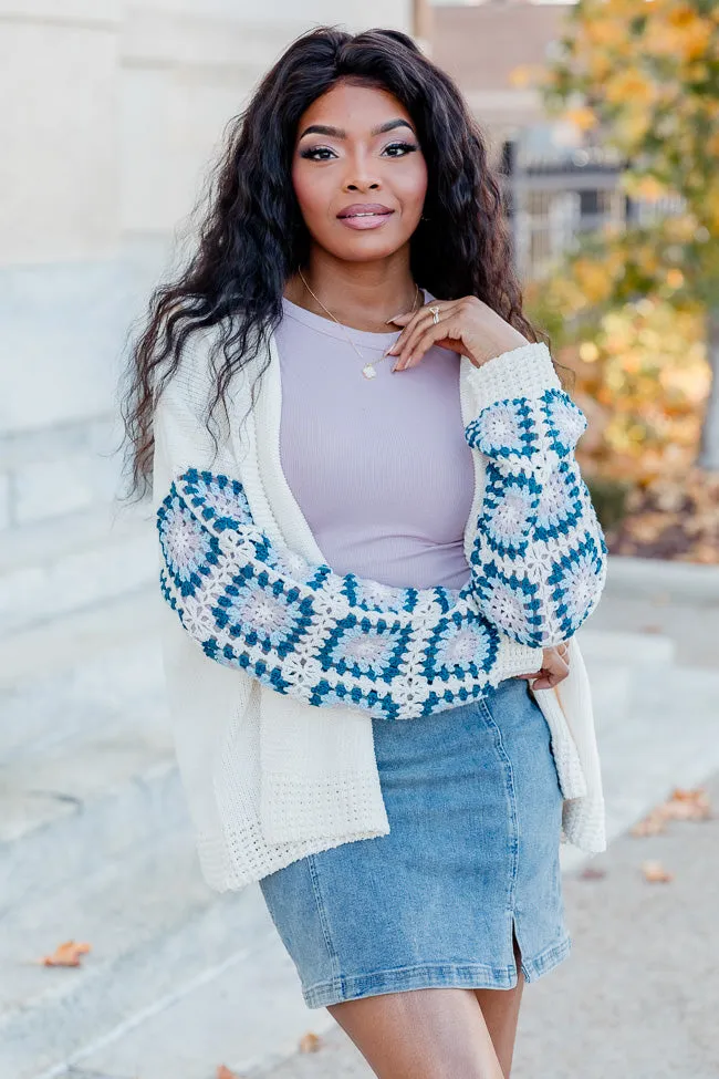 Be Better Ivory and Blue Crochet Sleeve Hooded Cardigan