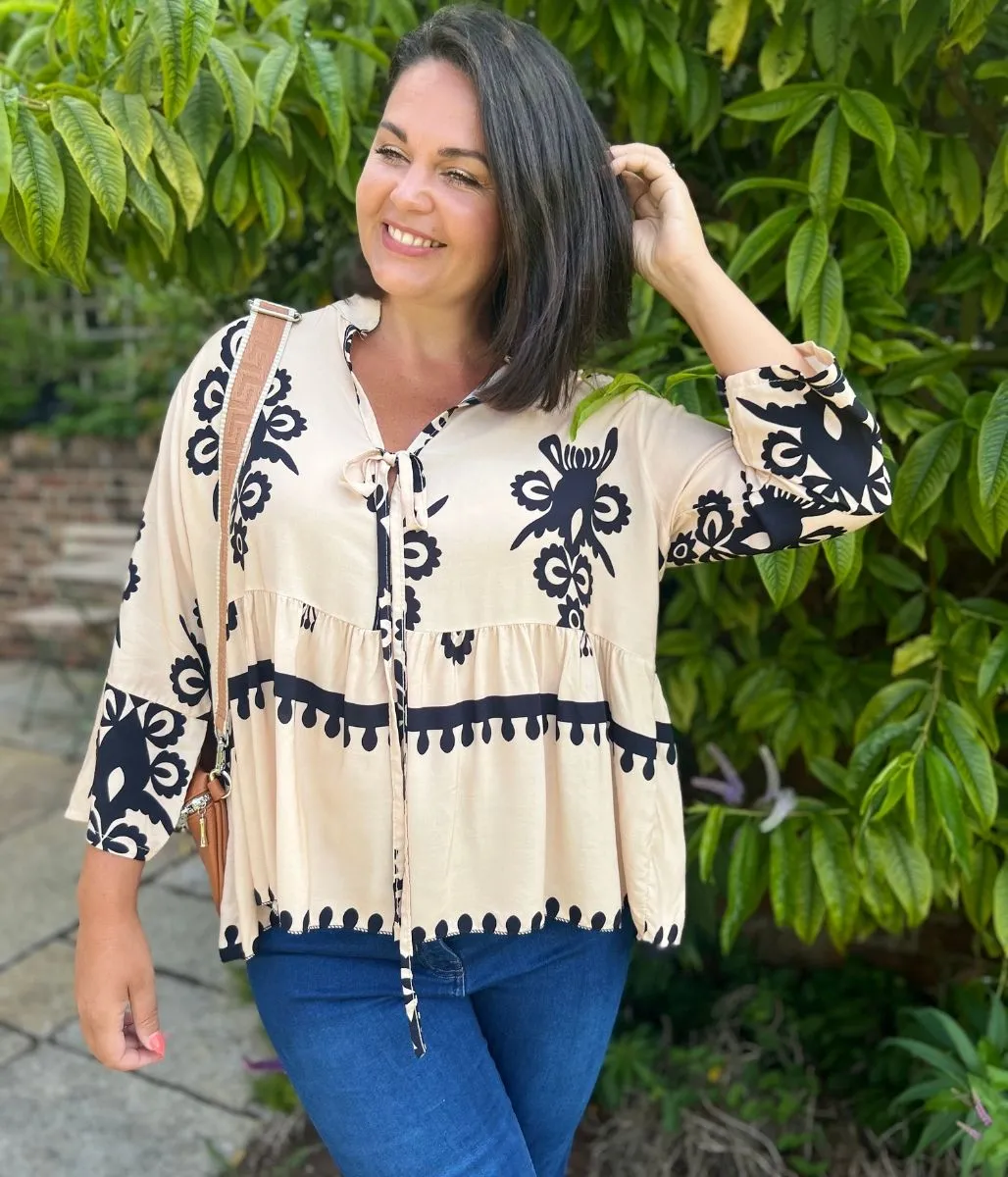 Beige Tribal Smock Blouse