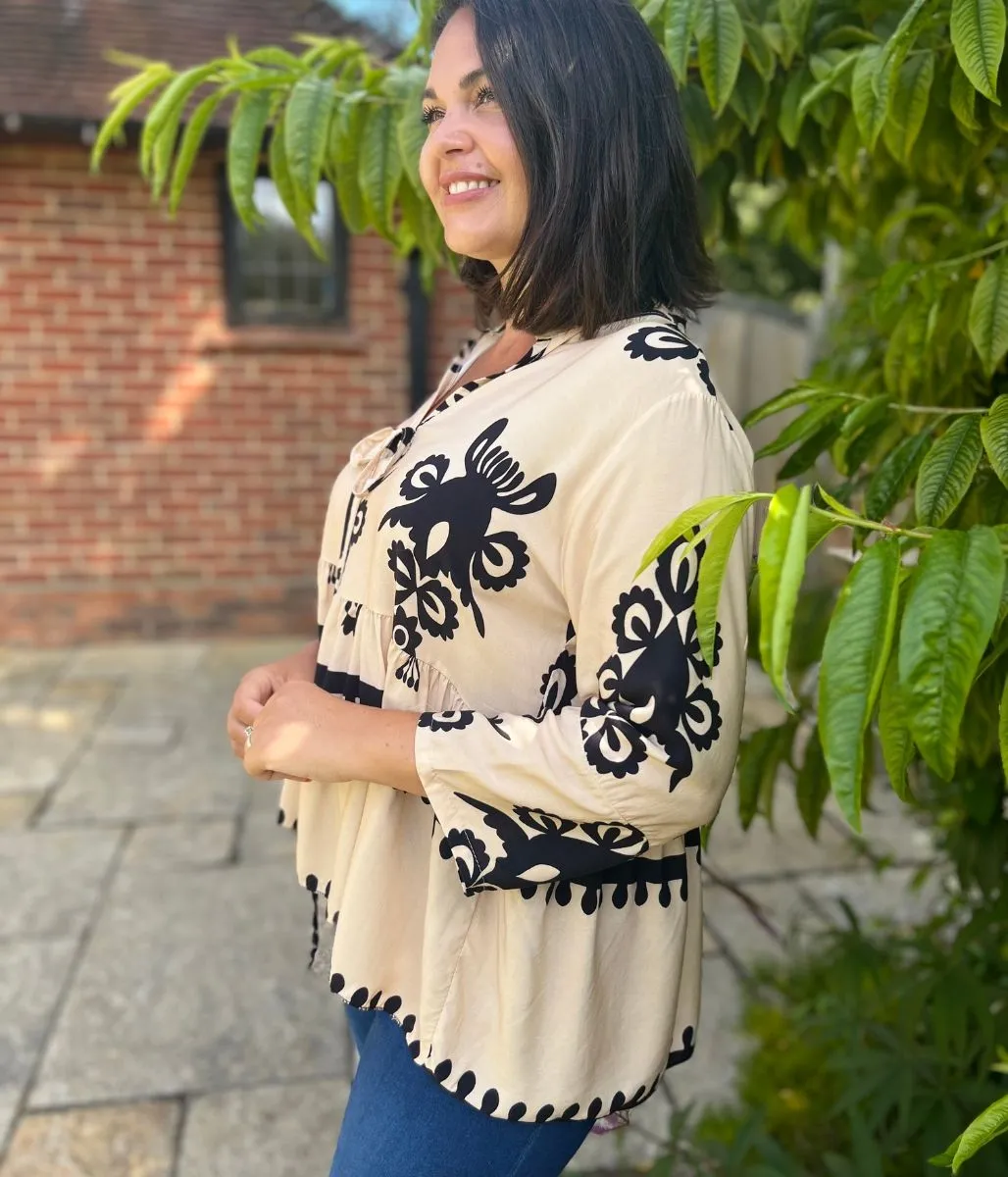 Beige Tribal Smock Blouse