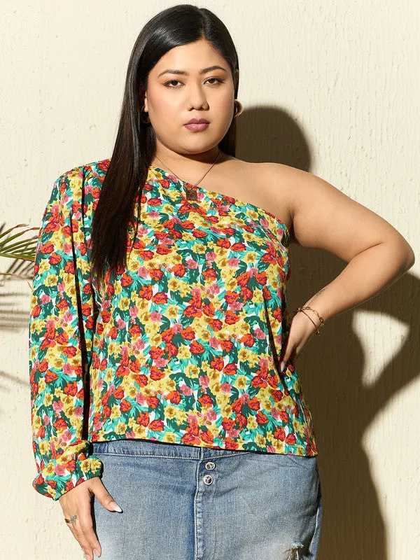 Berrylush Curve Women Red, Yellow, & Green Floral Printed One-Shoulder Neck Puff Sleeve Polyester Regular Top