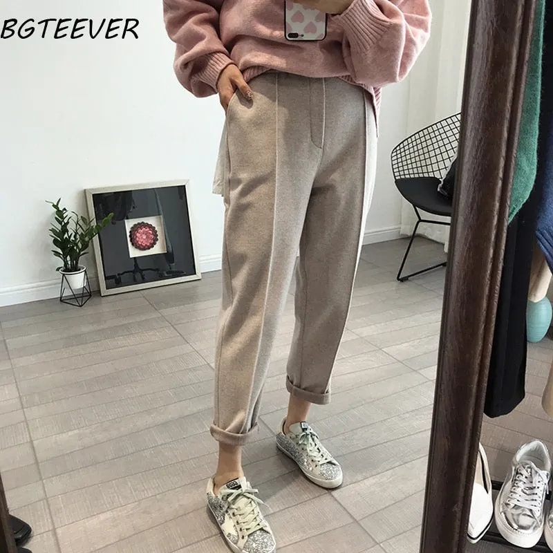 BGTEEVER Winter Thicken Women Pencil Pants Wool Pants Female Autumn High Waist Loose Trousers Capris Soft Good Fabric