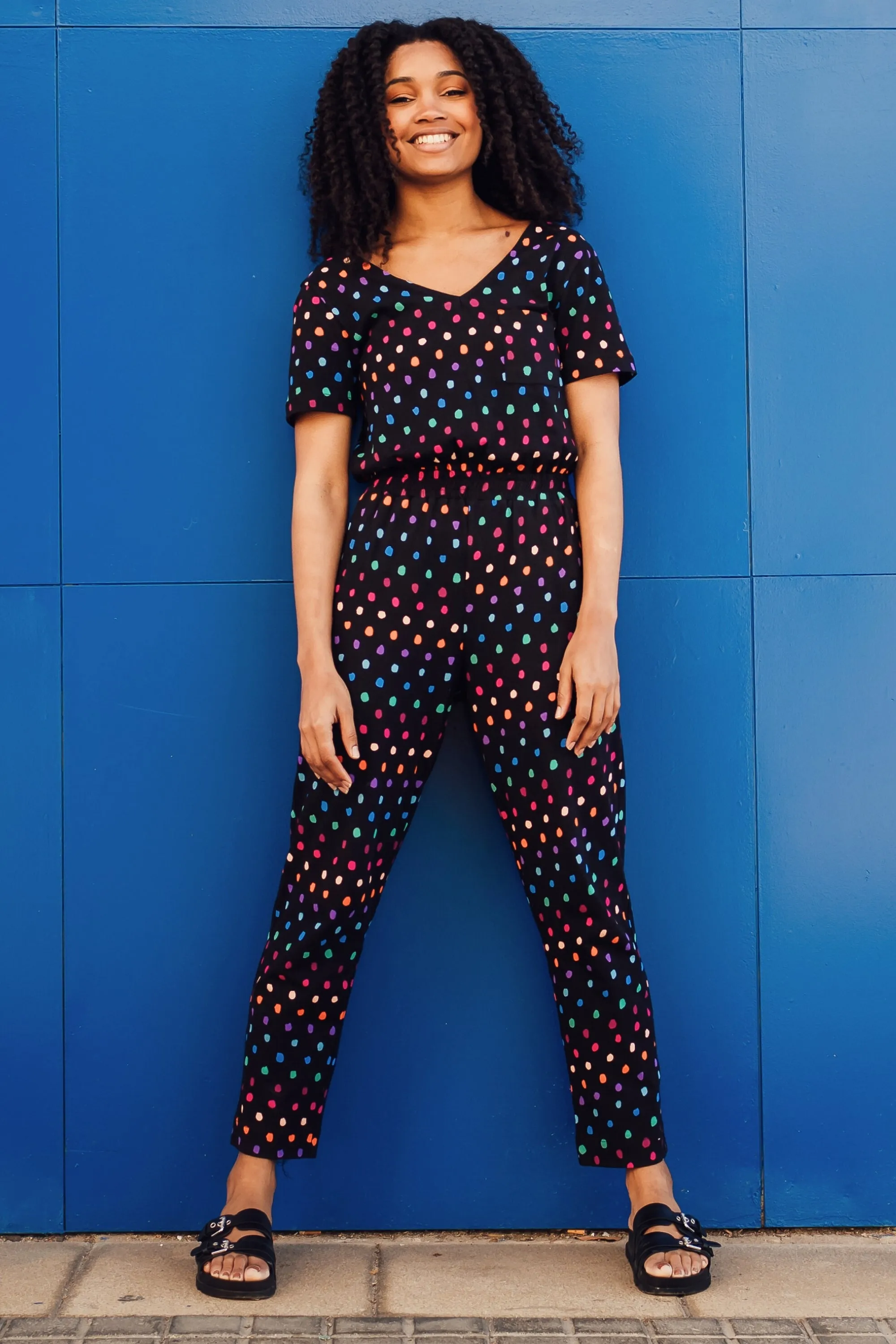 Bianca Jersey Jumpsuit - Black, Rainbow Painterly Spot