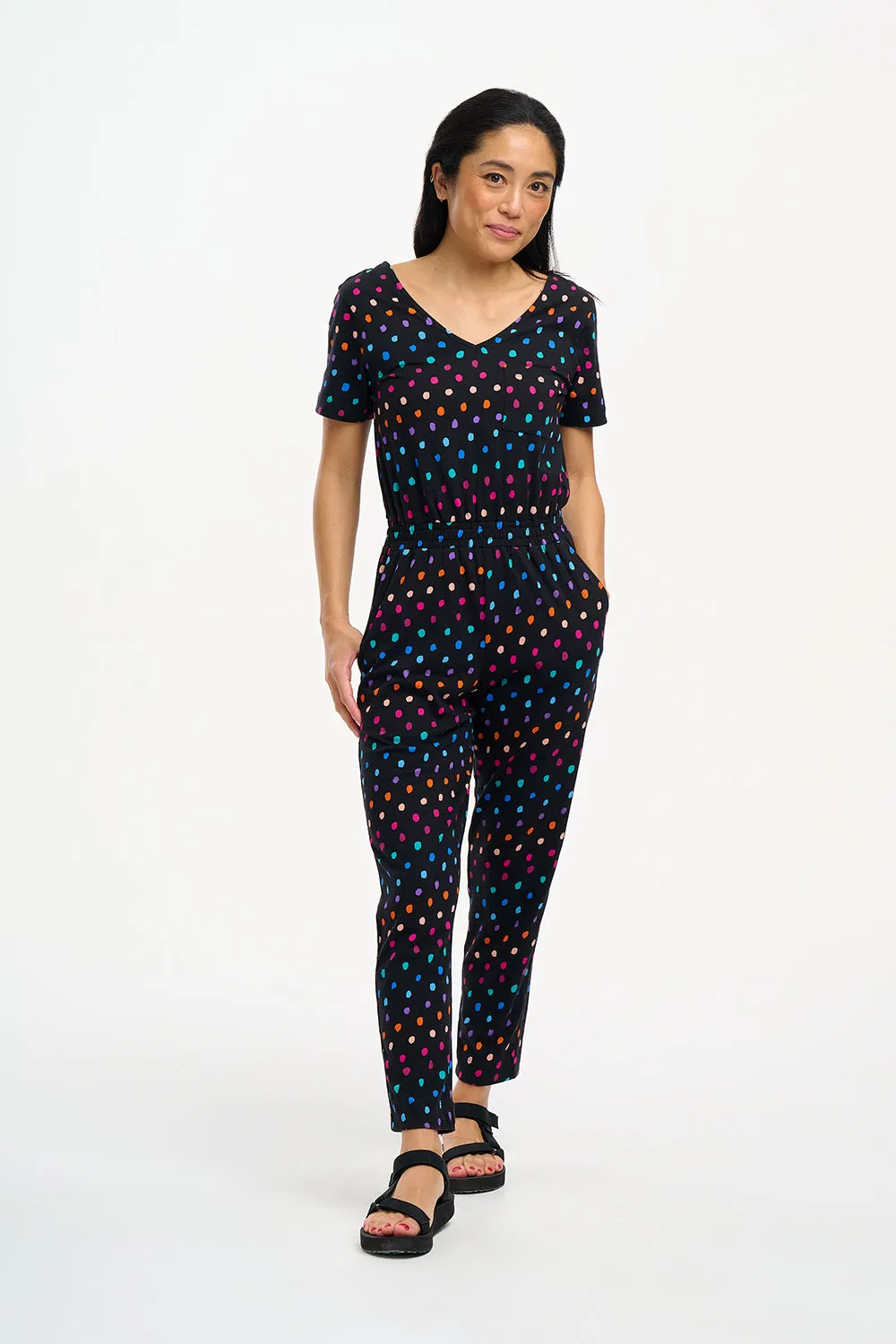 Bianca Jersey Jumpsuit - Black, Rainbow Painterly Spot