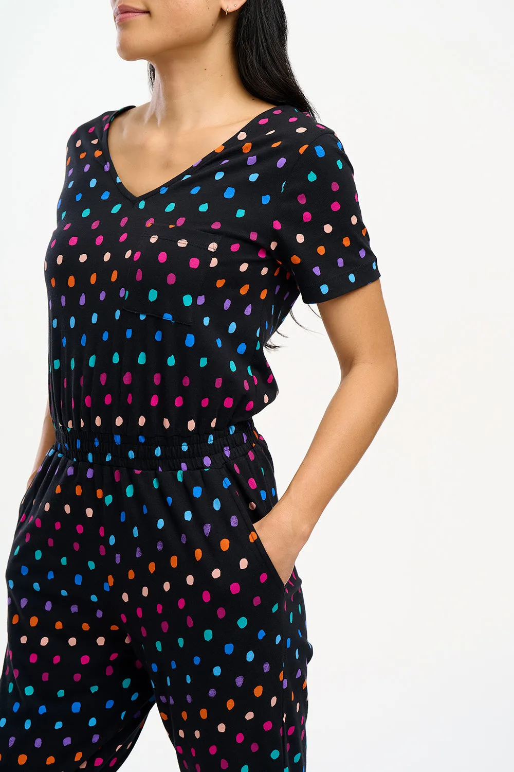 Bianca Jersey Jumpsuit - Black, Rainbow Painterly Spot