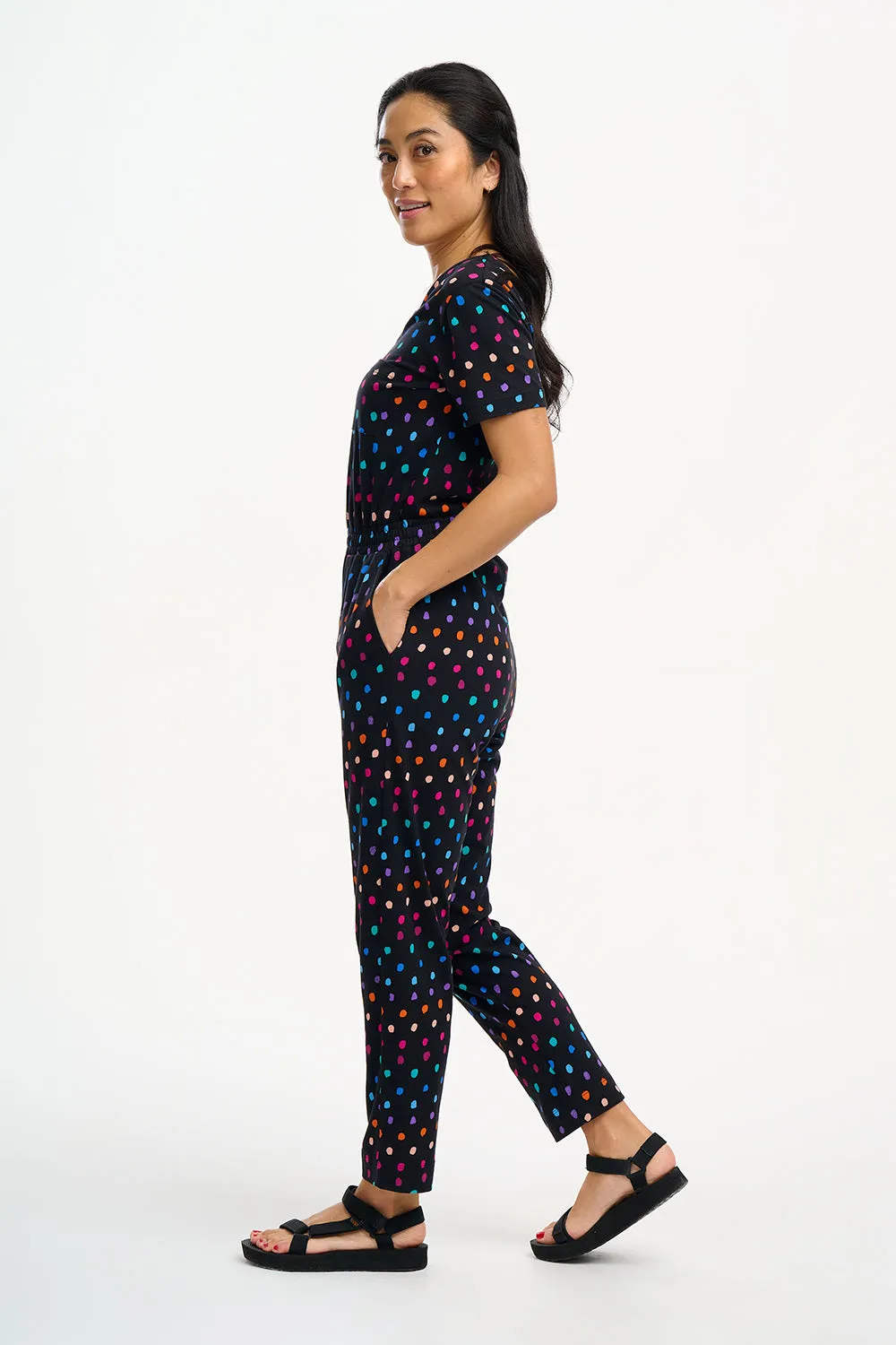 Bianca Jersey Jumpsuit - Black, Rainbow Painterly Spot