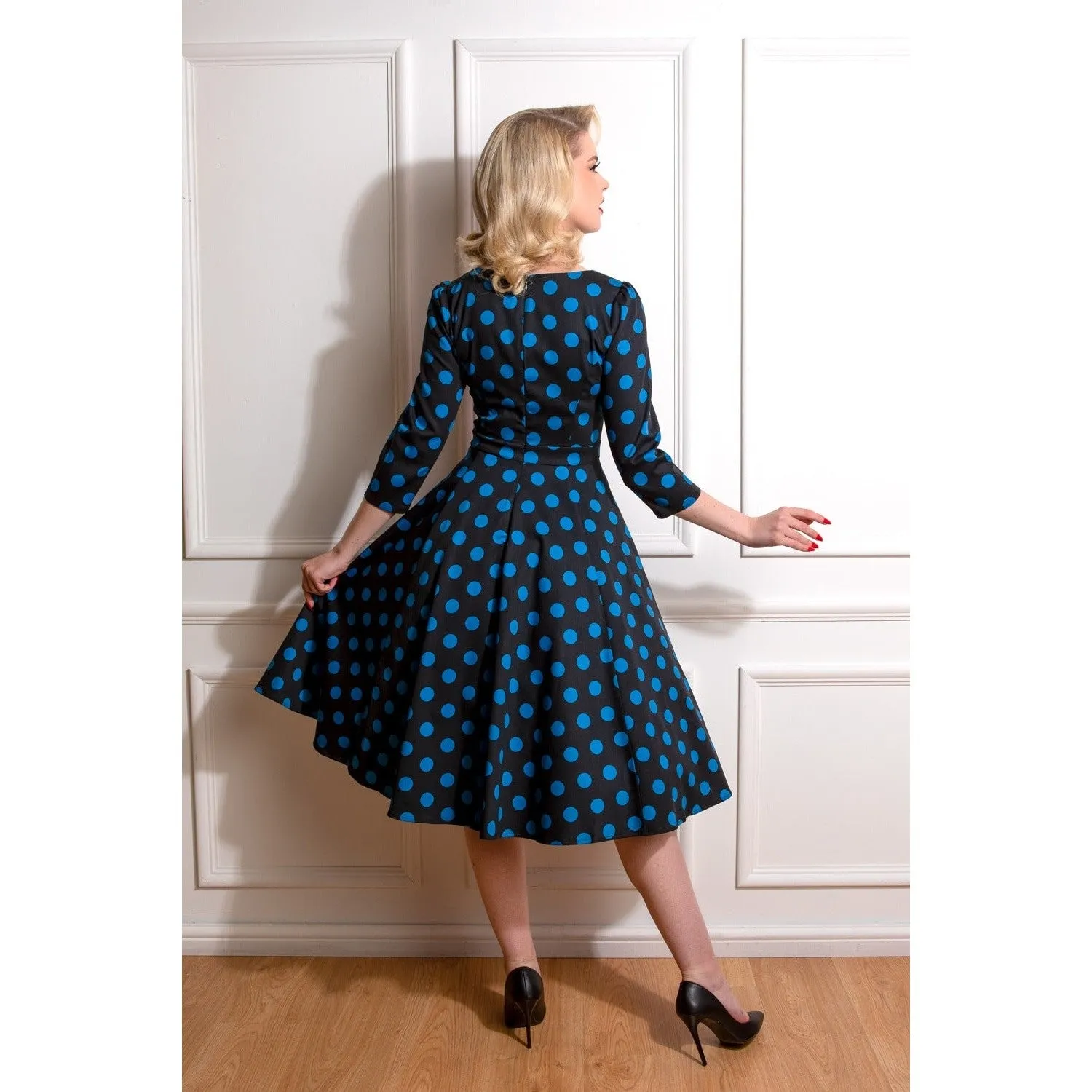 Black And Blue Polka Dot Vintage 50s 3/4 Sleeve Swing Tea Dress