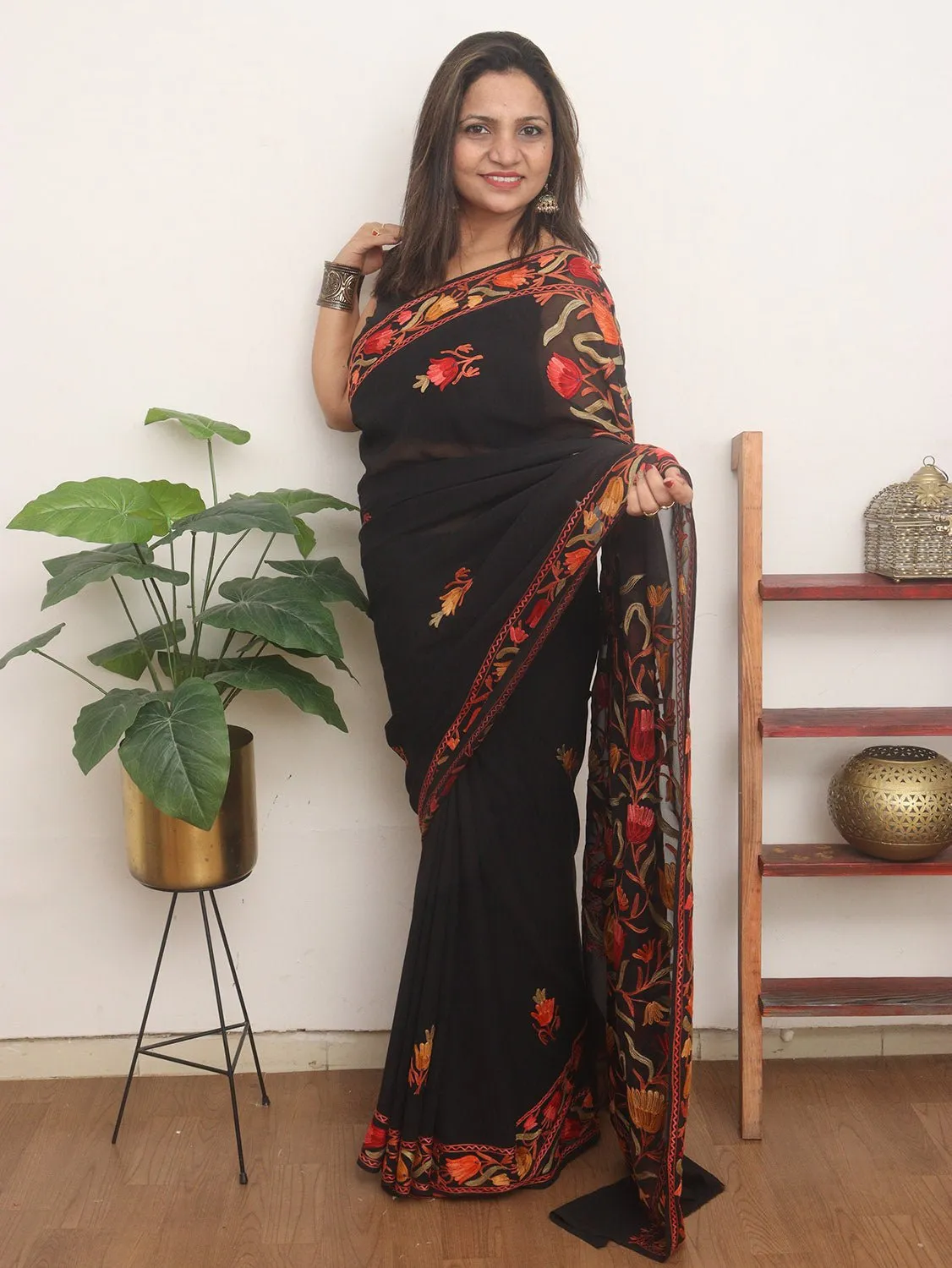 Black Embroidered Kashmiri Aari Work Georgette Saree