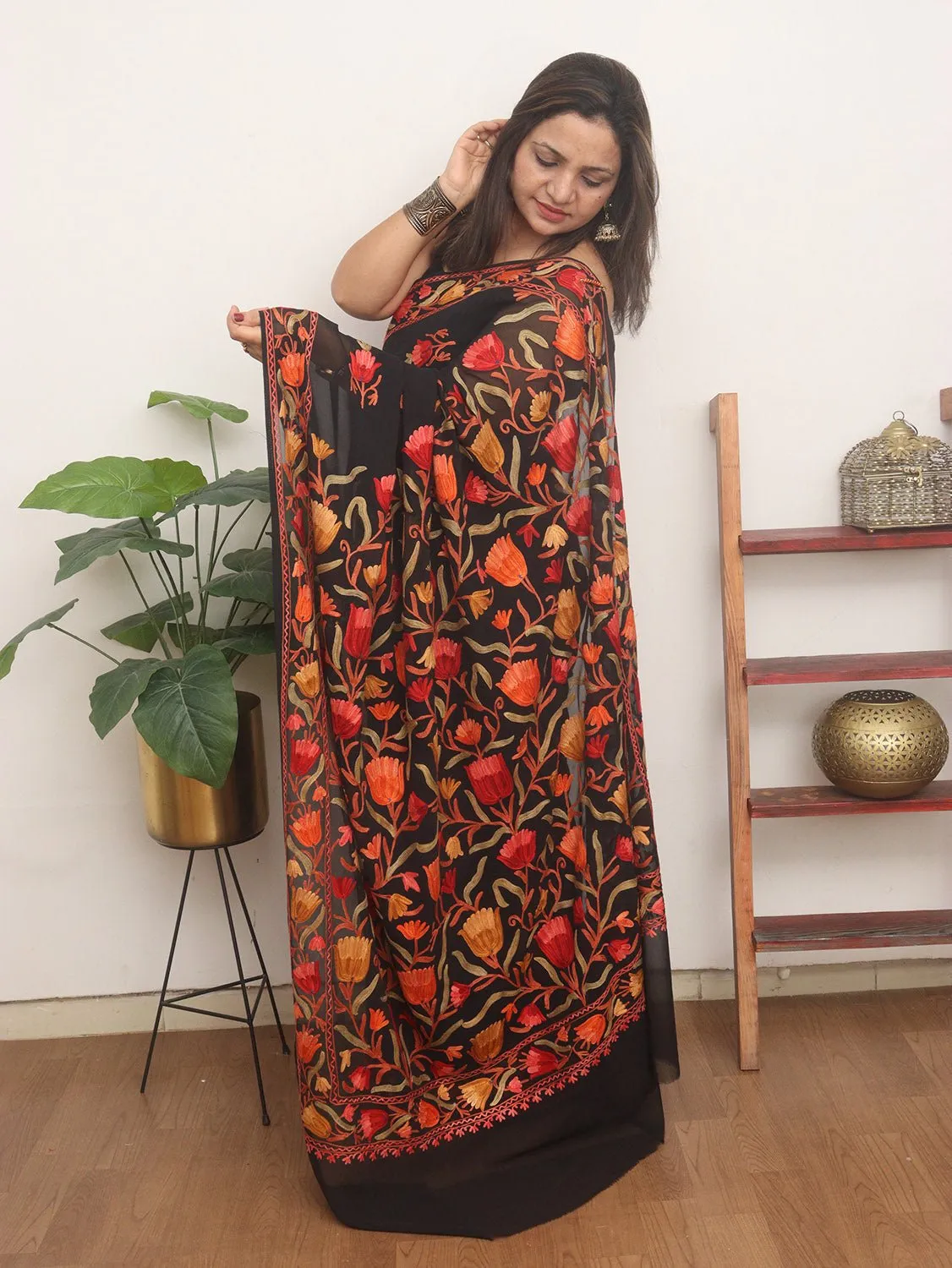 Black Embroidered Kashmiri Aari Work Georgette Saree