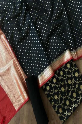 Black Handloom Banarasi Cotton Silk Three Piece Unstitched Suit Set