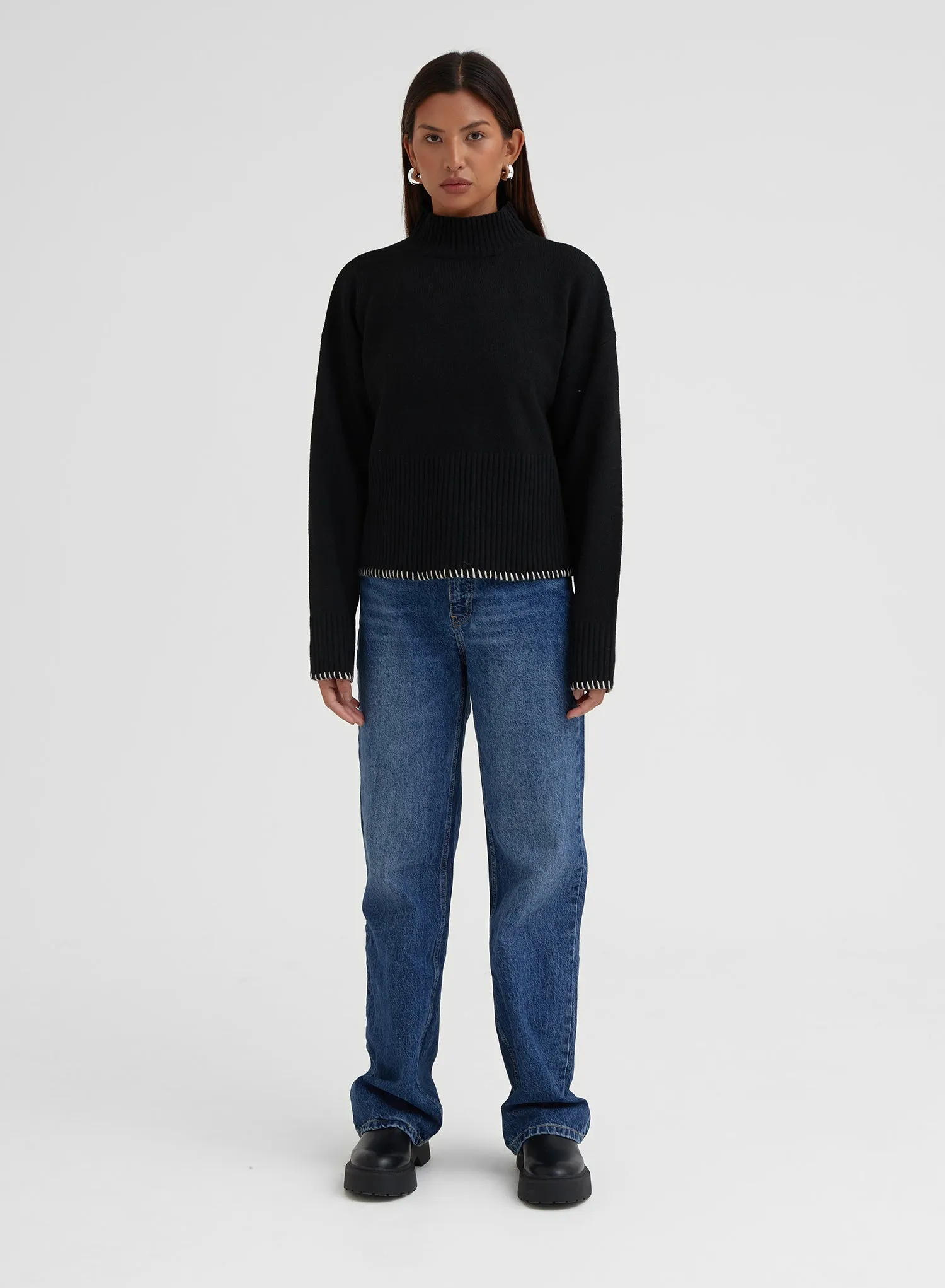 Black High Neck Contrast Stitch Jumper – Stine