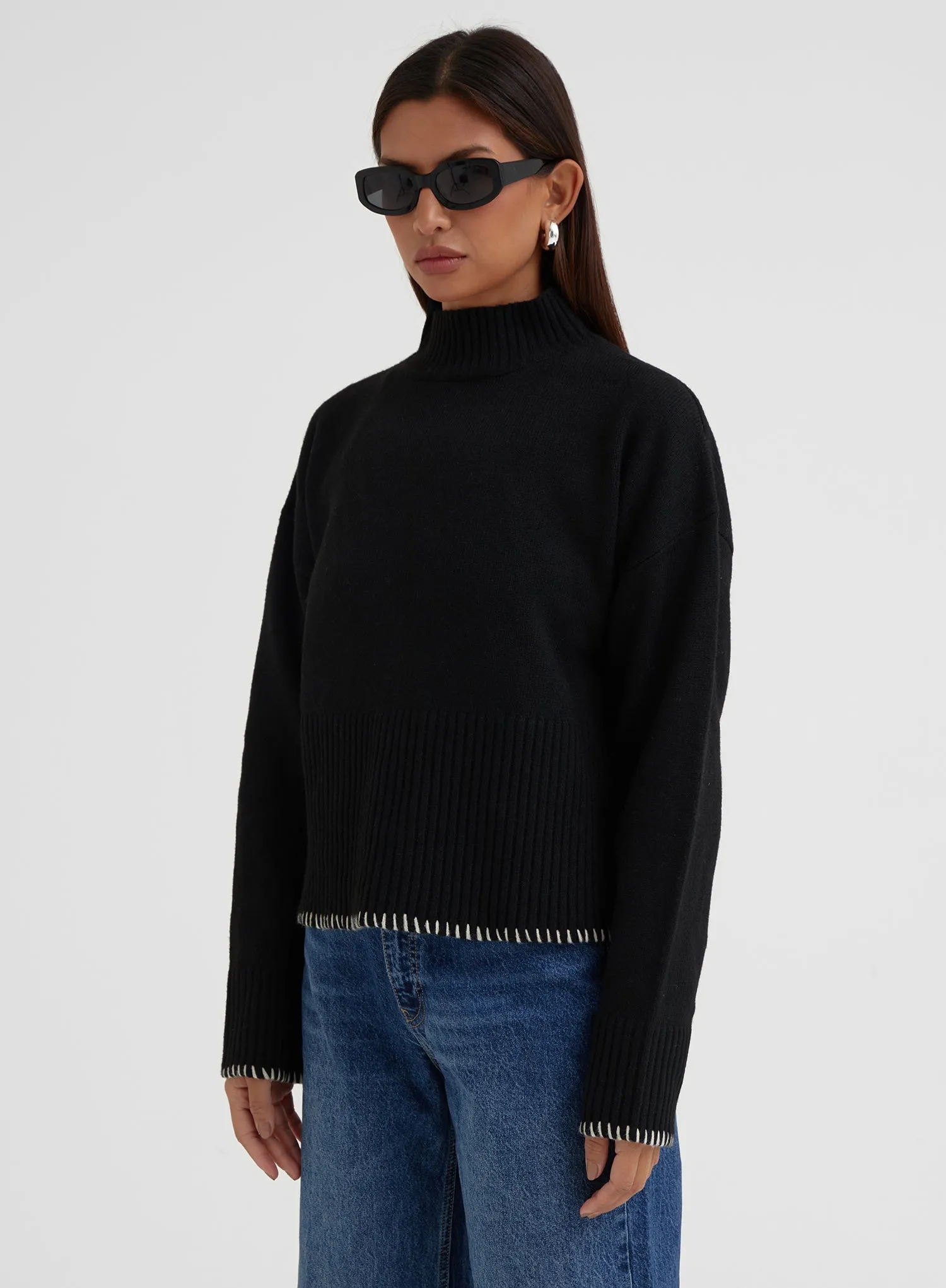 Black High Neck Contrast Stitch Jumper – Stine