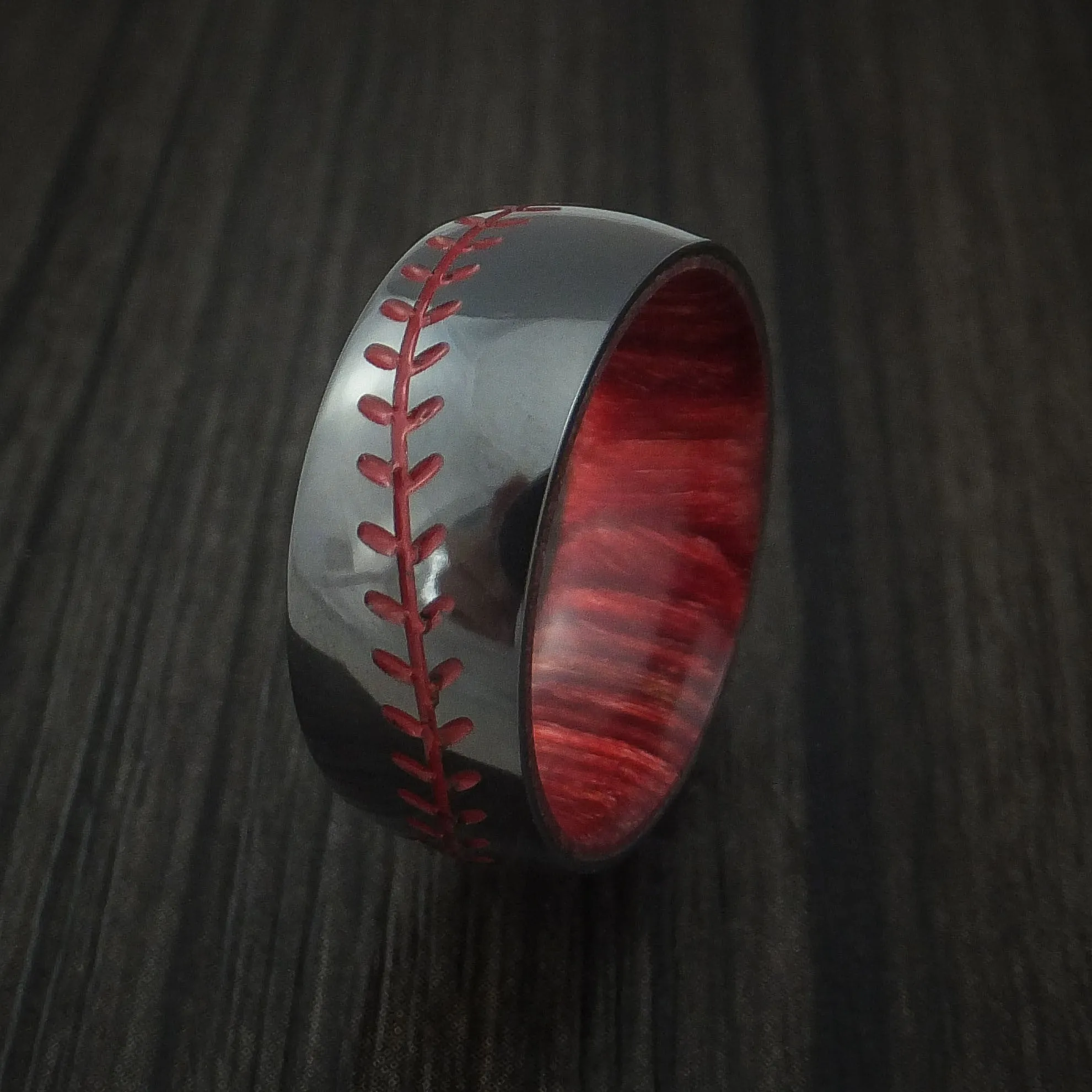 Black Titanium Baseball Stitch Men's Ring with Custom Color and Hardwood Sleeve