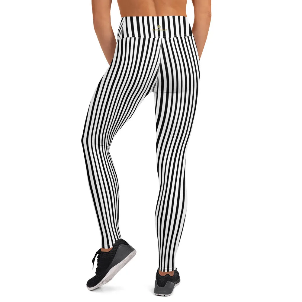 Black Vertical Stripes Women's Leggings, Long Yoga Workout Gym Pants- Made in USA/EU