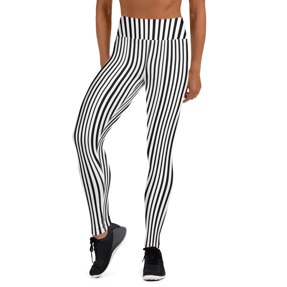 Black Vertical Stripes Women's Leggings, Long Yoga Workout Gym Pants- Made in USA/EU