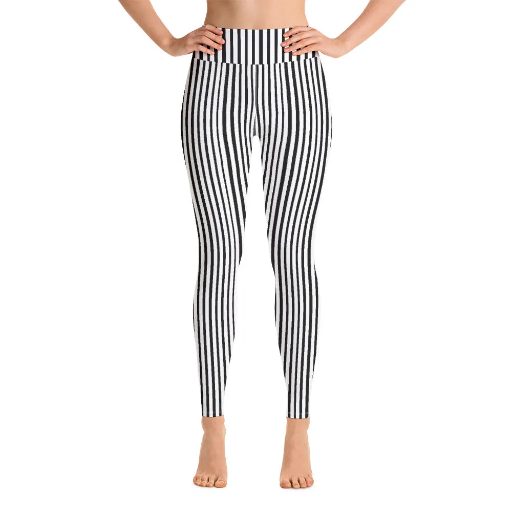 Black Vertical Stripes Women's Leggings, Long Yoga Workout Gym Pants- Made in USA/EU