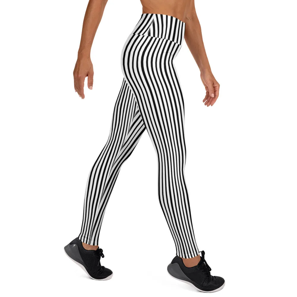 Black Vertical Stripes Women's Leggings, Long Yoga Workout Gym Pants- Made in USA/EU