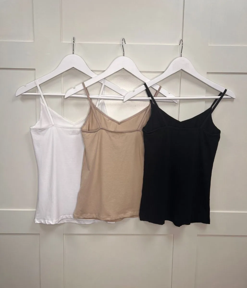 Black/Nude/White 3 Pack Cotton Rich Strappy Vests