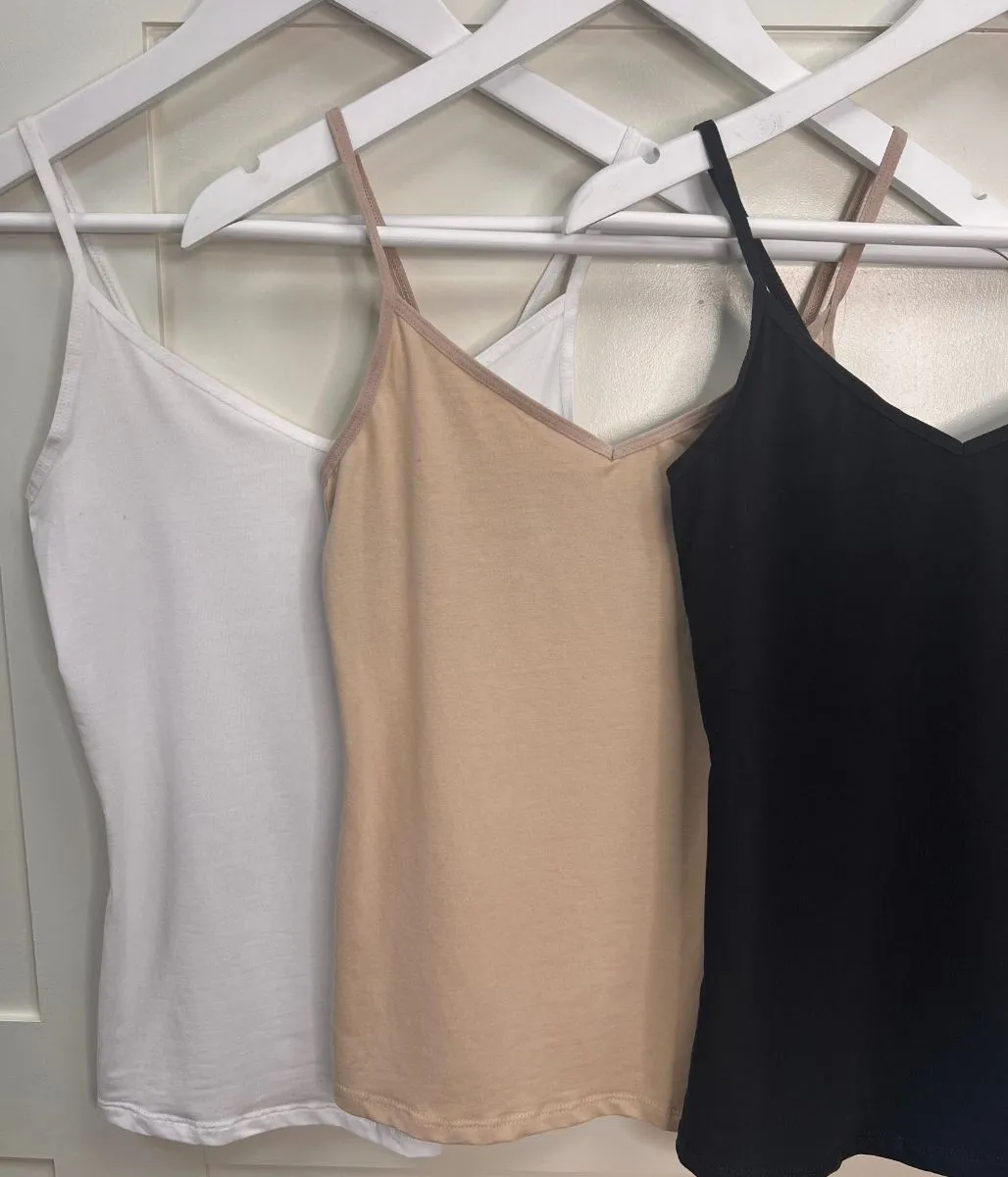 Black/Nude/White 3 Pack Cotton Rich Strappy Vests