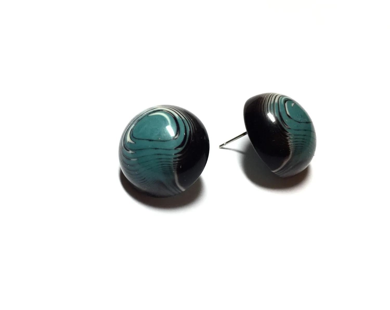 Blue & Black Agate Retro Button Stud Earrings