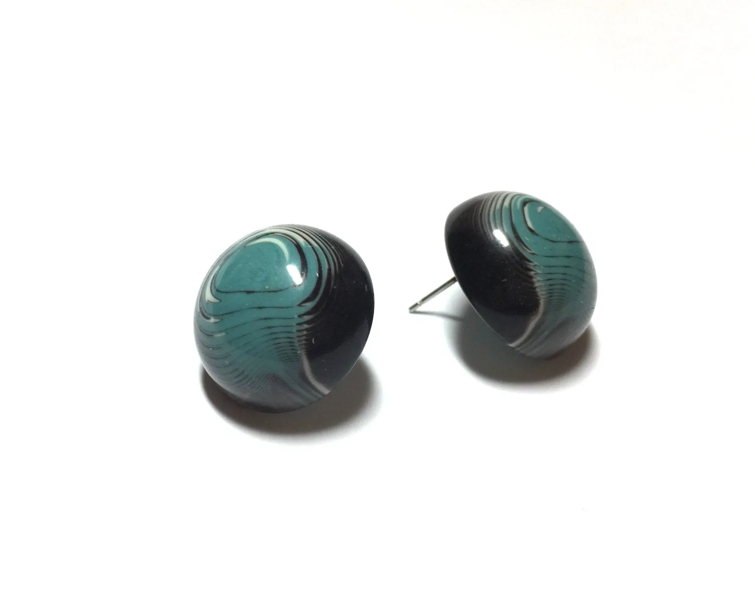 Blue & Black Agate Retro Button Stud Earrings