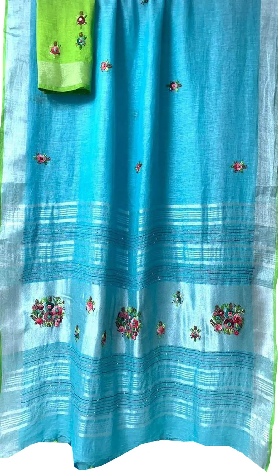 Blue And Green Pure Linen French Knot Embroidered Saree