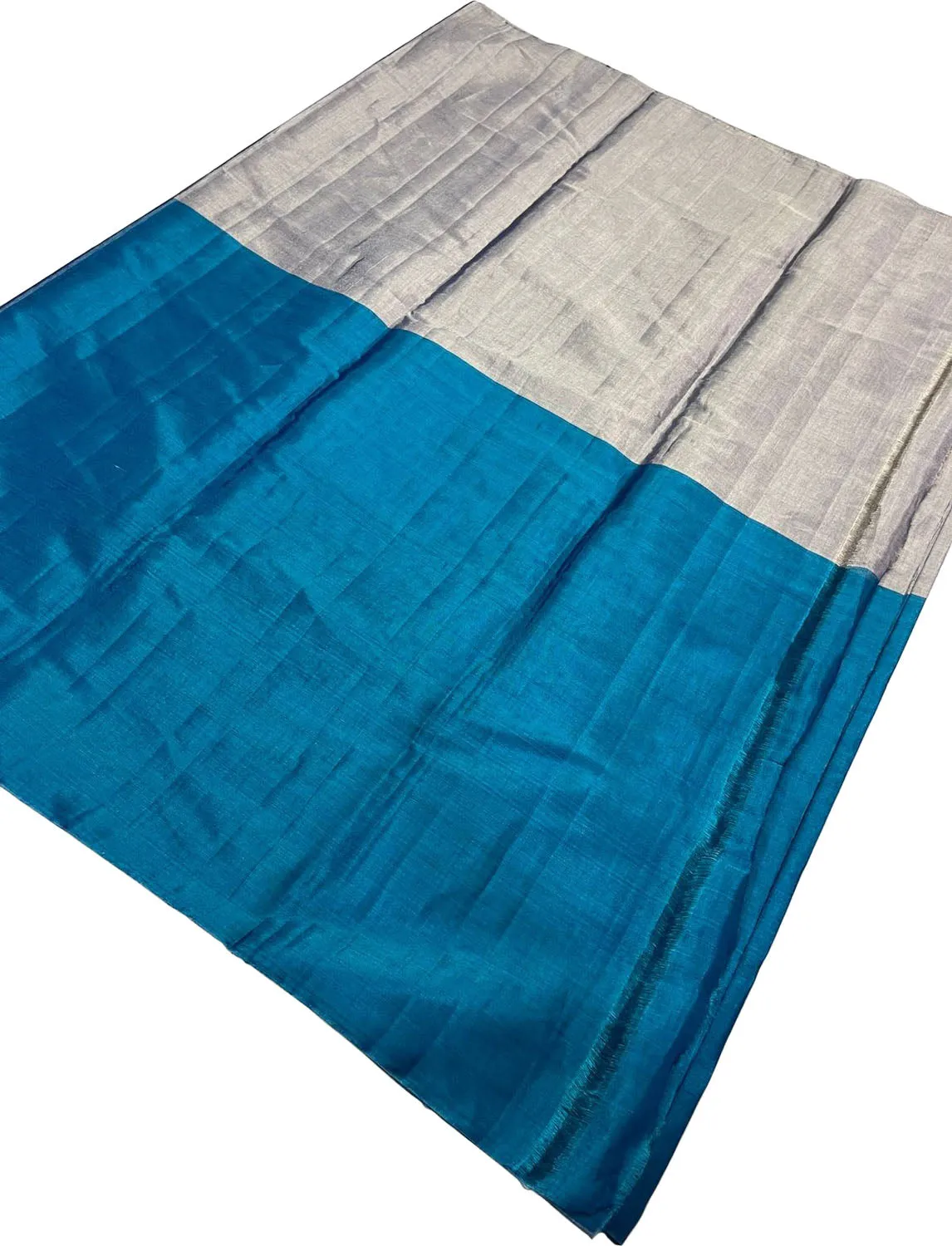 Blue And Grey Handloom Chanderi Pure Tissue Silk Fabric ( 1 Mtr )