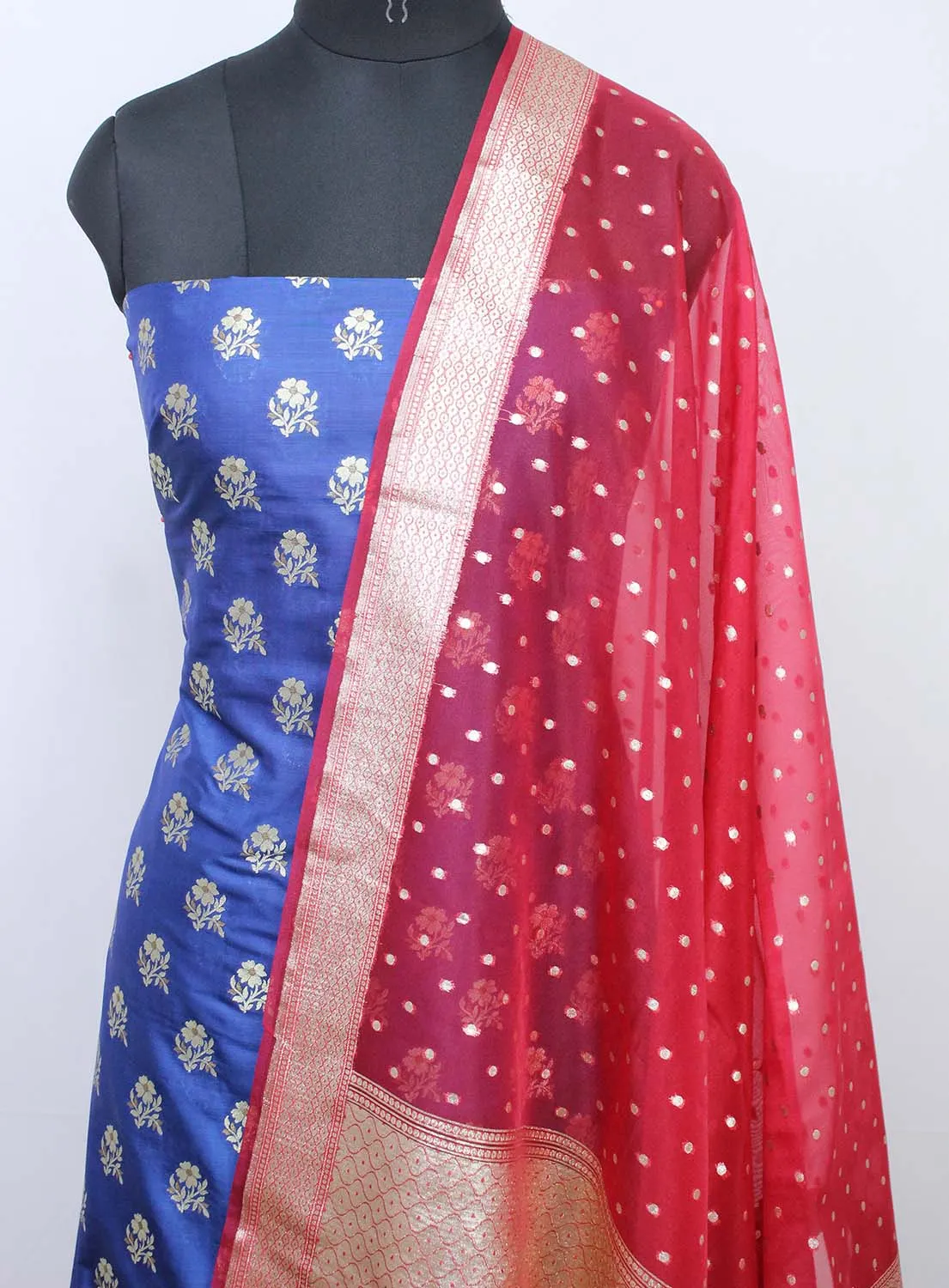 Blue Banarasi Silk Suit With Red Banarasi Organza Dupatta