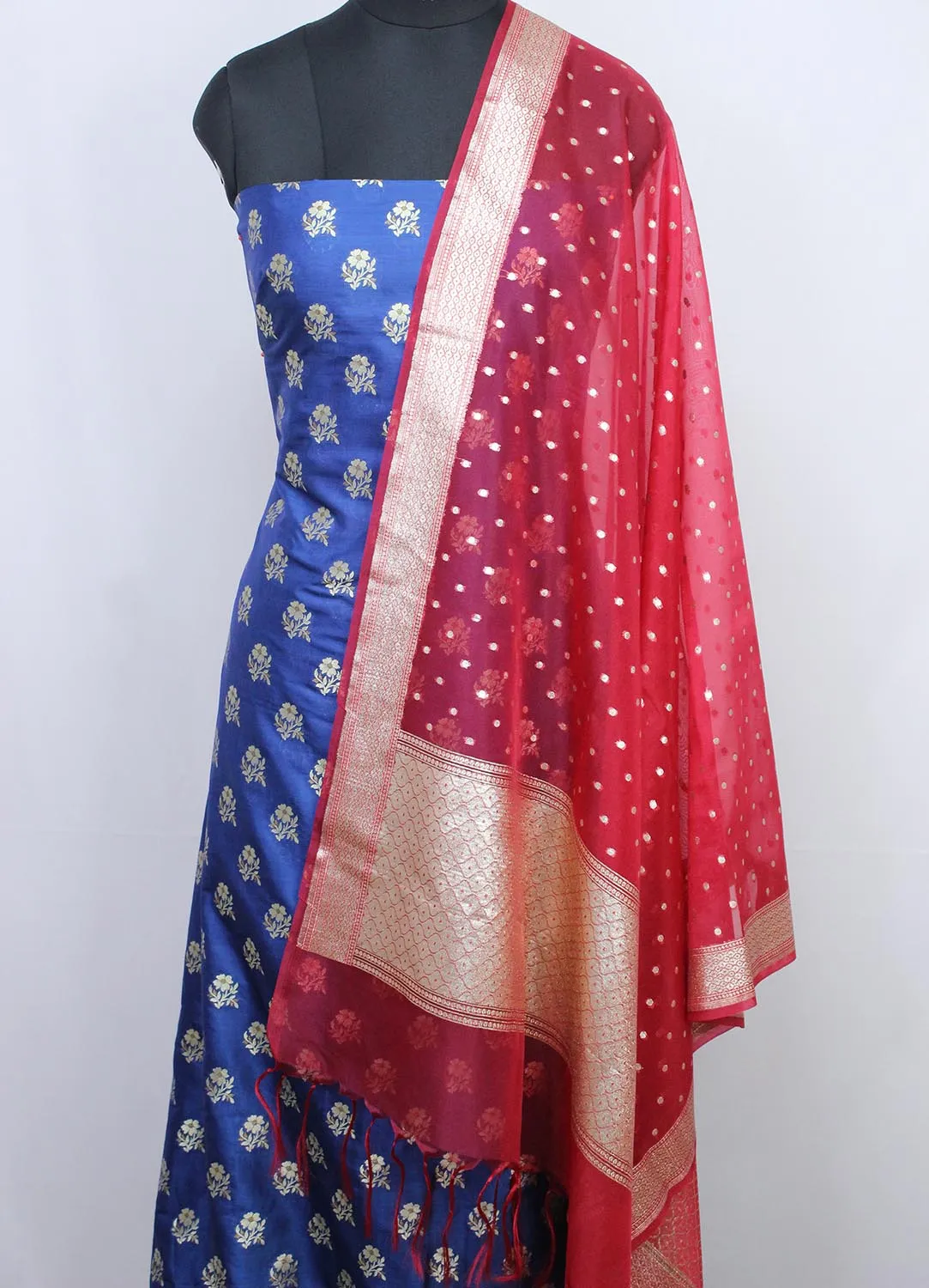 Blue Banarasi Silk Suit With Red Banarasi Organza Dupatta