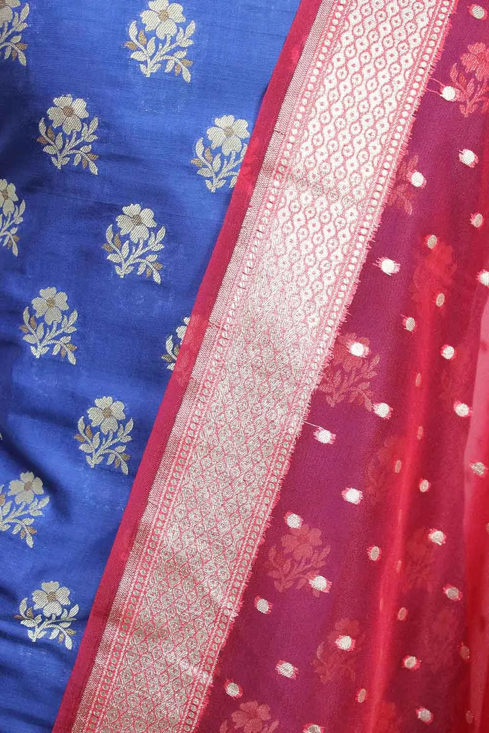 Blue Banarasi Silk Suit With Red Banarasi Organza Dupatta