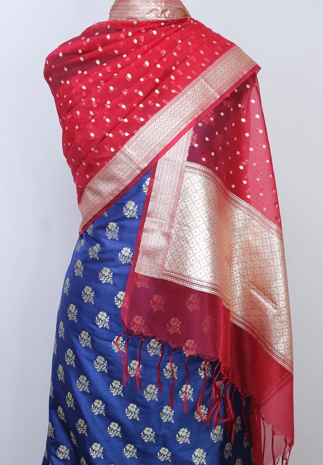 Blue Banarasi Silk Suit With Red Banarasi Organza Dupatta