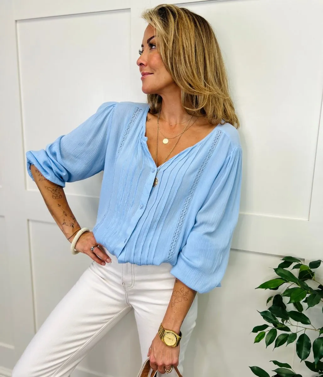 Blue Crochet Pintuck Blouse