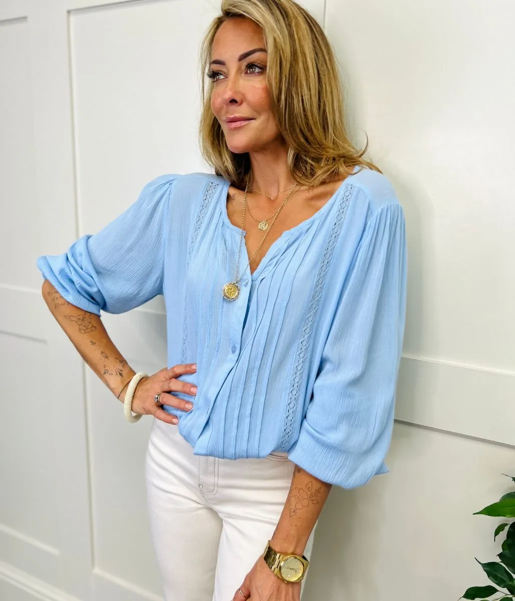 Blue Crochet Pintuck Blouse